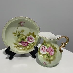 Lefton Green Heritage Pitcher and Bowl Pink Roses 4578 Vintage Japan